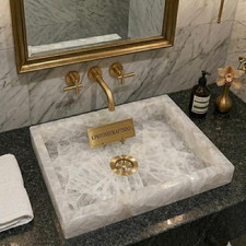 Lavabo rectangular de piedra de cristal de cuarzo blanco hecho a mano de 12"x15"