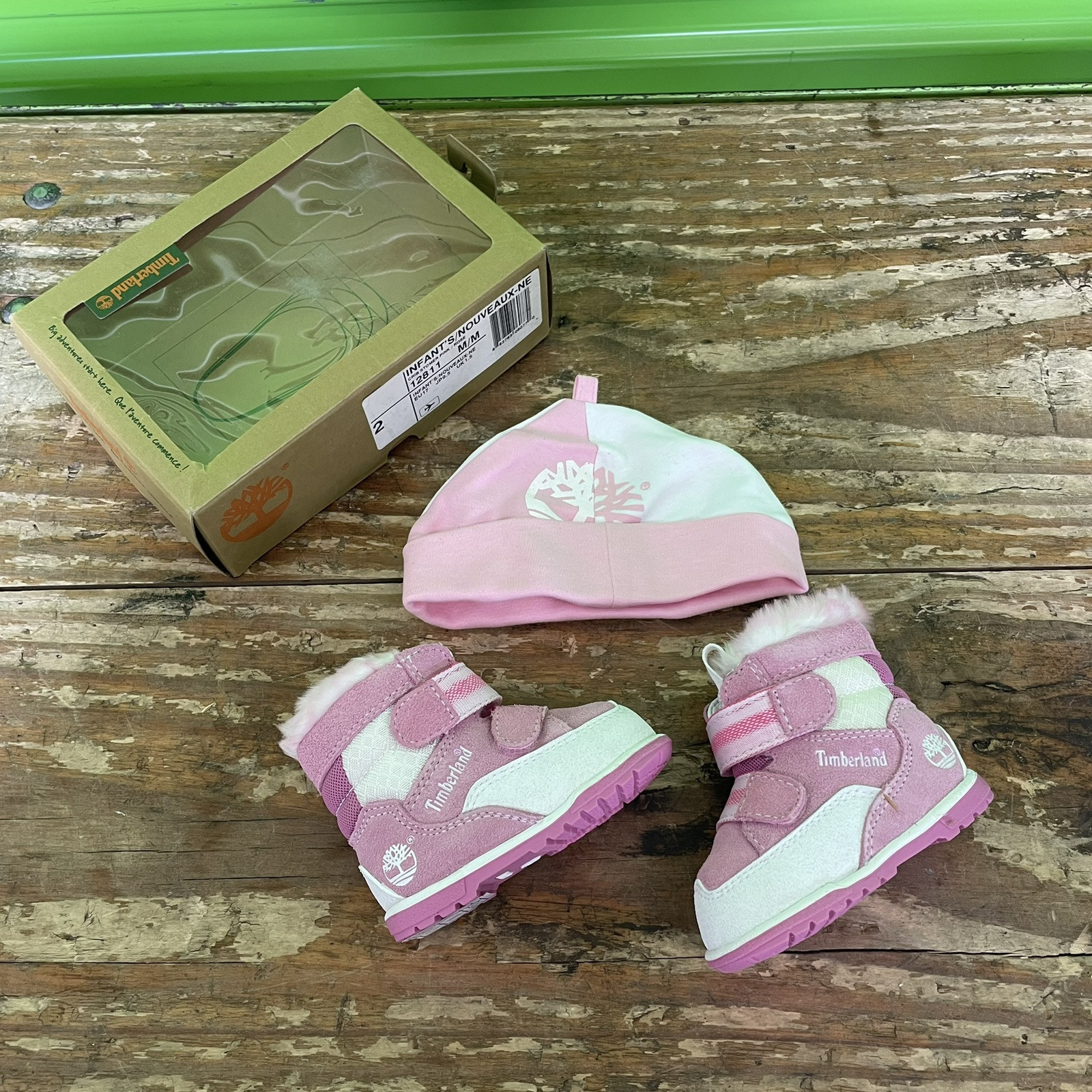 PONY Timberland rosa bianco culla stomer stivali da neve + cappello set neonata bambina taglia 2 12811