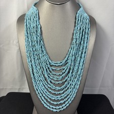 Multi-Strand Bib Necklace 16 Layers Twisted Blue Gray Glass Seed Beads 22" Long