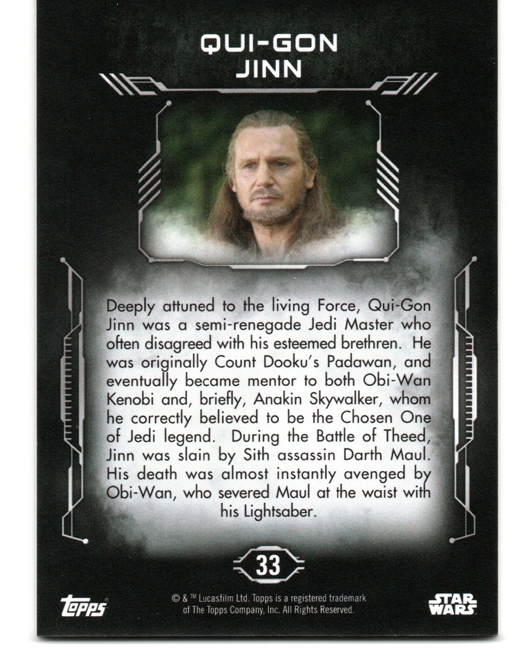 2016 Topps Star Wars Masterwork BLUE METALLIC BASE PARALLEL #33 / QUI-GON JINN - Image 2 of 2