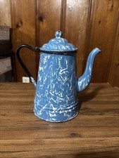 Vintage Graniteware Blue White Swirl Enamelware Coffee Pot 1.5 Quart Hinged Lid