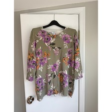 Denim & Co Floral Sweater Womens 3X Sage Green Purple 3/4 Sleeve Knit A641418