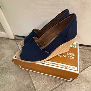 Jambu Women’s Blue/Beige Logo Slip On Open Toe Wedge Sandals Synthetic 9