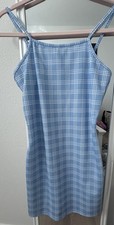 Blue Plaid Mini Dress Square Neck Strappy Sleeveless Short Pullover Women s