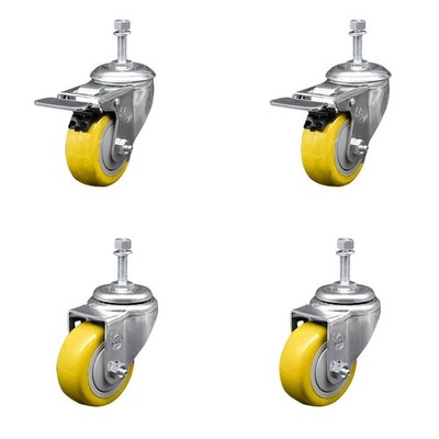 3 Inch Yellow Polyurethane Swivel 3/8 Inch Stem Caster Set 2 Brake SCC