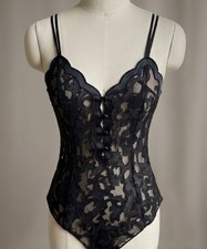 Vintage Victoria's Secret Black Burnout Bodysuit S Scalloped Devore Teddy VS NWT