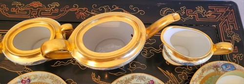 Limoges Green Gold Encrusted Cupid Tea Pot Cup & Saucer Creamer Sugar Bowl 6 Set - Picture 21 of 24