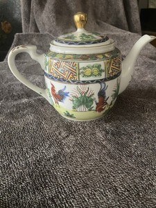 Vintage 1970s Porcelain Tea Pot Hand Painted Gold Luster Floral and Roosters. 7"