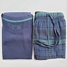 Perry Ellis Portfolio Men  s Pajama Set Crew Neck Flannel Pants Navy Blue Plaid M