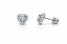 14K White Gold Halo Heart CZ Stud Earrings Screw Back