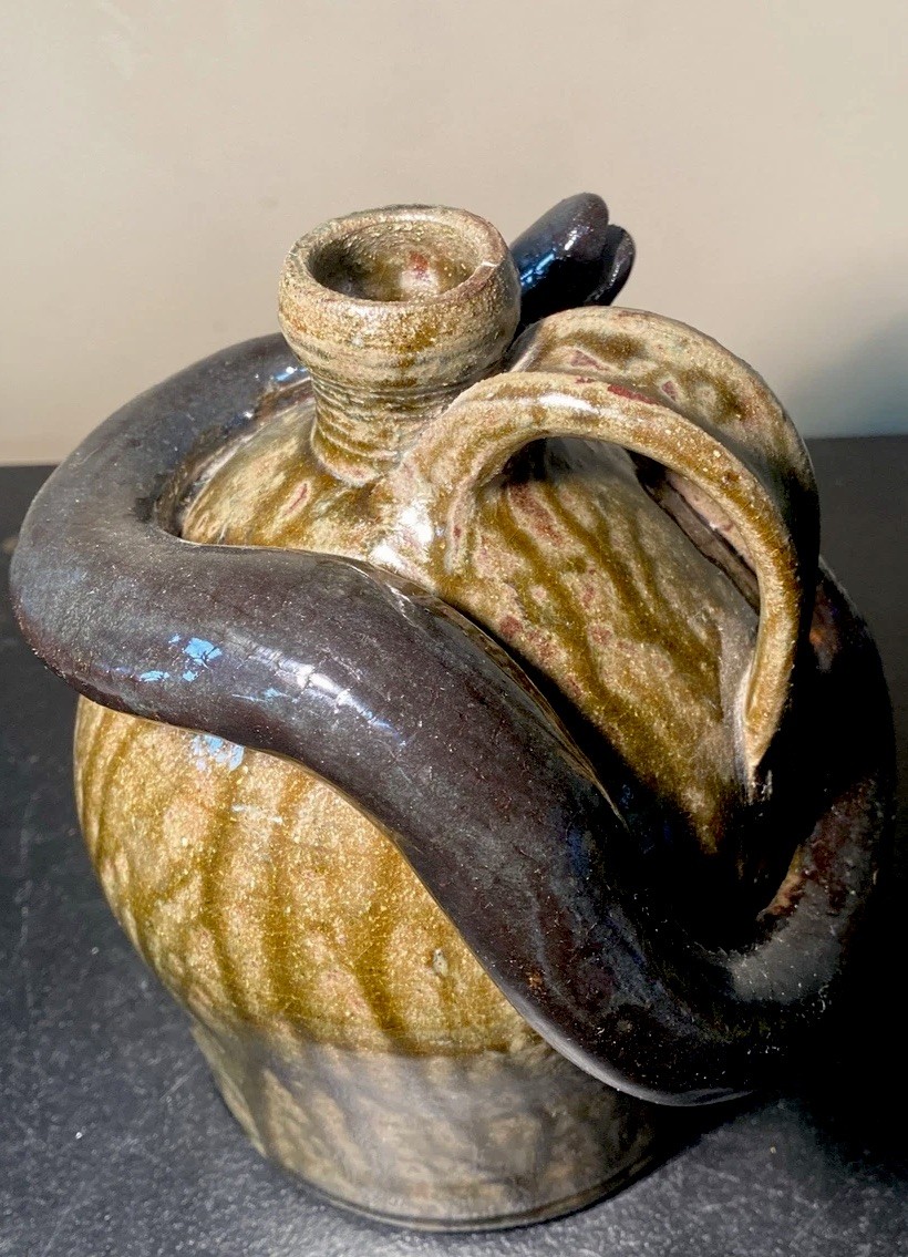 VTG Folk Art Primitive Creepy Flask Pottery Snake Jug Brown Glaze Marvin Bailey