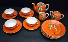 VTG Morimura Child's Tea Set Orange Lusterware Handpainted Parrots READ