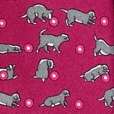100% REAL HERME TIE - BURGUNDY RED w FUN GRAY PUPPY DOGS PLAYING w RED BALLS XL