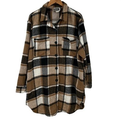 Womens Plus 2X Plaid Shacket Brown Black Long Shirt Jacket Love in Faith Cozy