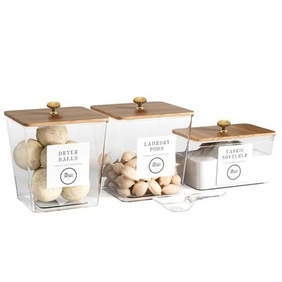 3 Pack Acrylic Laundry Room Organization Containers with Gold & Wood Knobs ̵