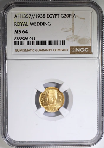 Egypt AH 1357 1938 Gold 20 Piastres NGC MS64 King Farouk Royal Wedding