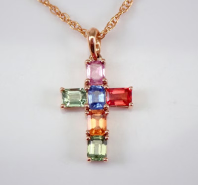 1.50Ct Emerald Cut Lab Created Multi Color Cross Pendant 14K Rose Gold Plated