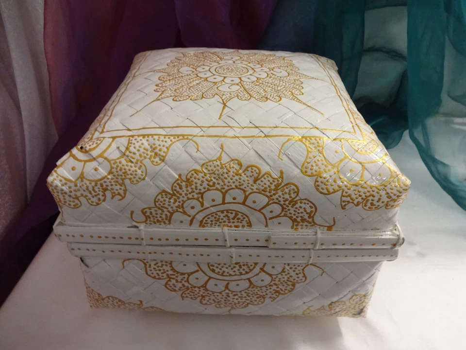 3er Set Balinesischer Tempelkorb Bambus handbemalt Korb Truhe Weiß/Gold Asiastyl - Bild 2 von 4