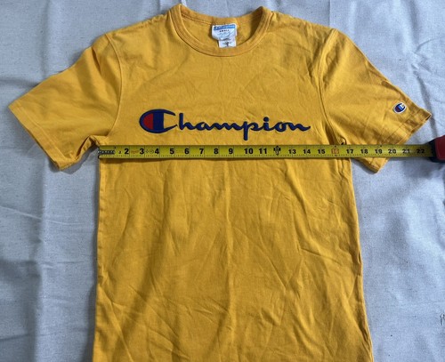 Men’s Y2K Yellow Champion Embroidered Logo Crew Neck T Shirt Size Small - Picture 3 of 5