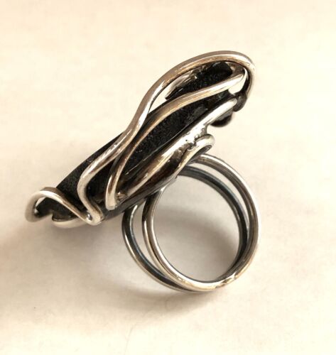Big 1 1/2" Wide Silver Tone Reversed Carved Amber & Gold Butterfly Ring Size 7.5 - Picture 3 of 11