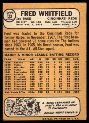 1968 Topps Baseball Card Fred Whitfield Cincinnati Reds #133 VG-EX