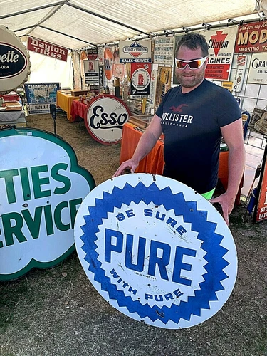 Vintage Rare 2 sided 42 inch Be Sure With Pure Oil porcelain sign oil gasoline