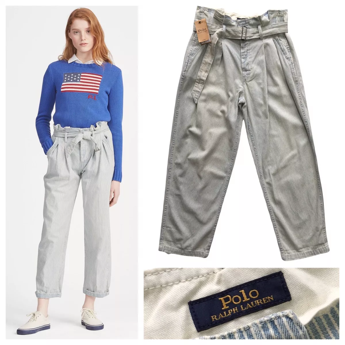 POLO Ralph Lauren Womens Blue Stripe Denim Paperbag Jeans Size 28 NEW RRP 199