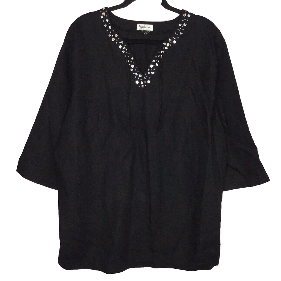 Vikki Vi Woman Beaded Tie Neck Black Pullover Tunic Top Side Slits Plus Size 2X - Image 3 of 4