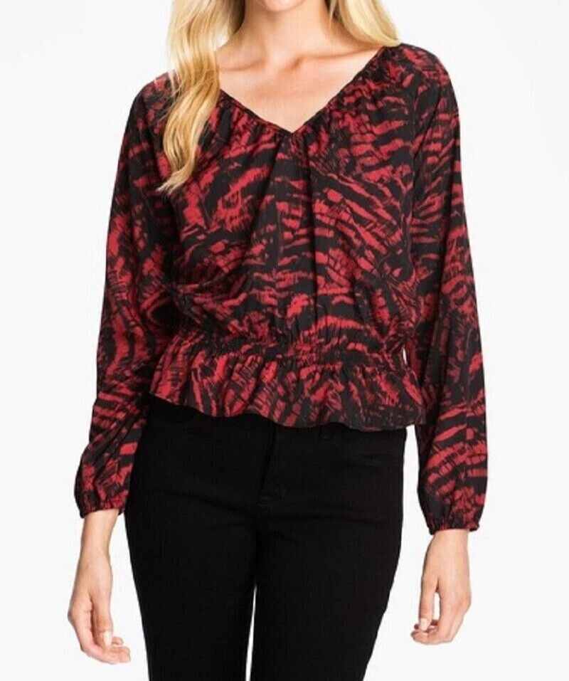 Michael Kors Red Peplum Top Black Print Cinch Waist Size Large V Neck Work Shirt