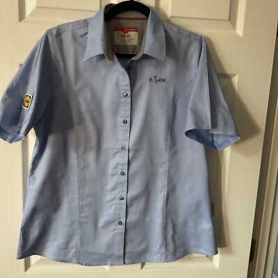 #ad #ad women’s Fashion NEW Blue Lidl logocotton short sleeved blue button up sz large $14.90