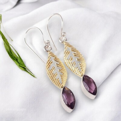 Marquise Natural Amethyst 925 Solid Silver Sister New Boho Drop Hook Earrings