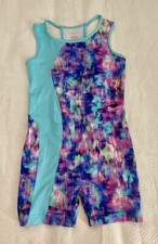 Danskin Now Sleeveless Leotard One-Pc w Bike Shorts. Teal Purple Y L 10-12 
