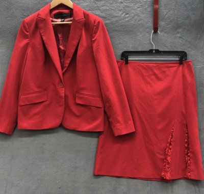 Apostrophe Womens 2 Piece Skirt Blazer Set 14 Skirt 16 Jacket Red Lace Panels