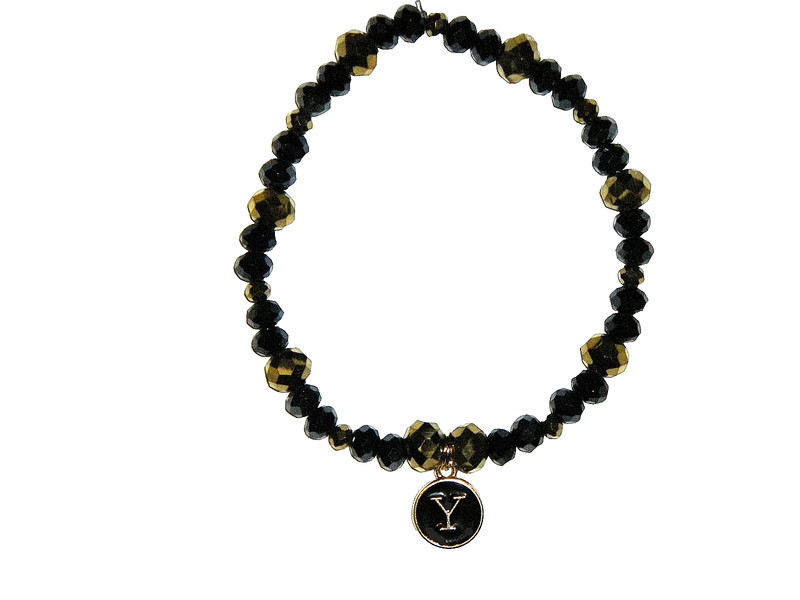INITIAL "Y" CHARM (BLACK) BEADED BRACELET (8 1/8"):  HAND-MADE JEWELRY BY T.L.C.