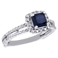 925 Sterlingsilber KüNstlicher Blauer Saphir & Diamant Halo Verlobungsring 0.03