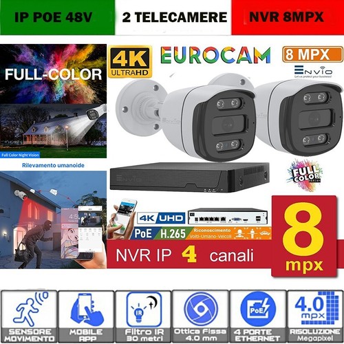 KIT 8MPX 4K IP POE VISIONE FULL COLOR VEDE COLORI AL BUIO KIT 2/4/8 CANALI - Imagen 3 de 11