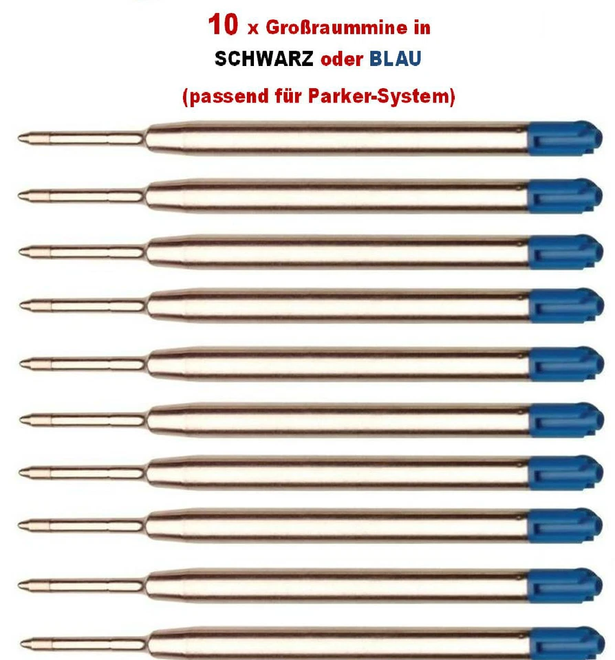10 x Metall Großraum-Mine, BLAU o. SCHWARZ für Parker-System Kugelschreiberminen