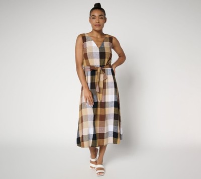 Isaac Mizrahi Live! Regular Madras Plaid Midi Dress with Self Belt Neutral L New