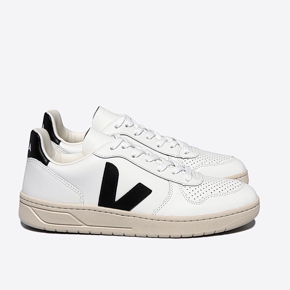 VEJA V-10 Leather Sneakers in White & Black - Size 9