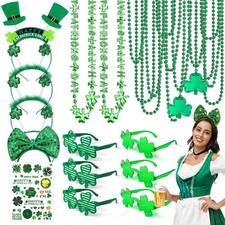 29Pack St Patricks Party Favors of 16pcs Shamrock Beads Necklace Bulk, 6pcs Clov