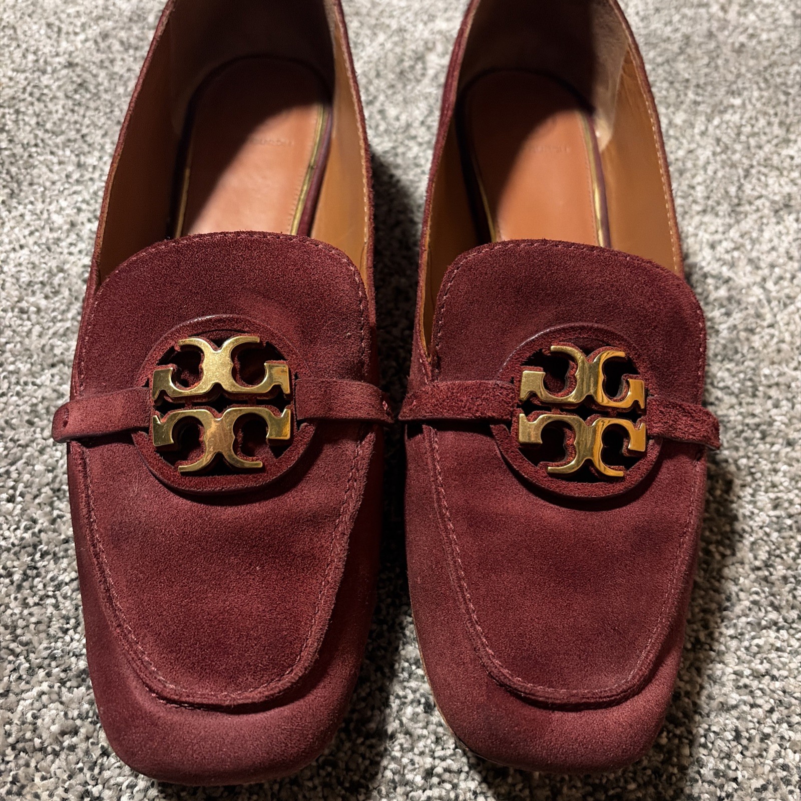 Tory Burch Miller Maroon Suede Loafers Metal 15mm Logo Women’s Size 11