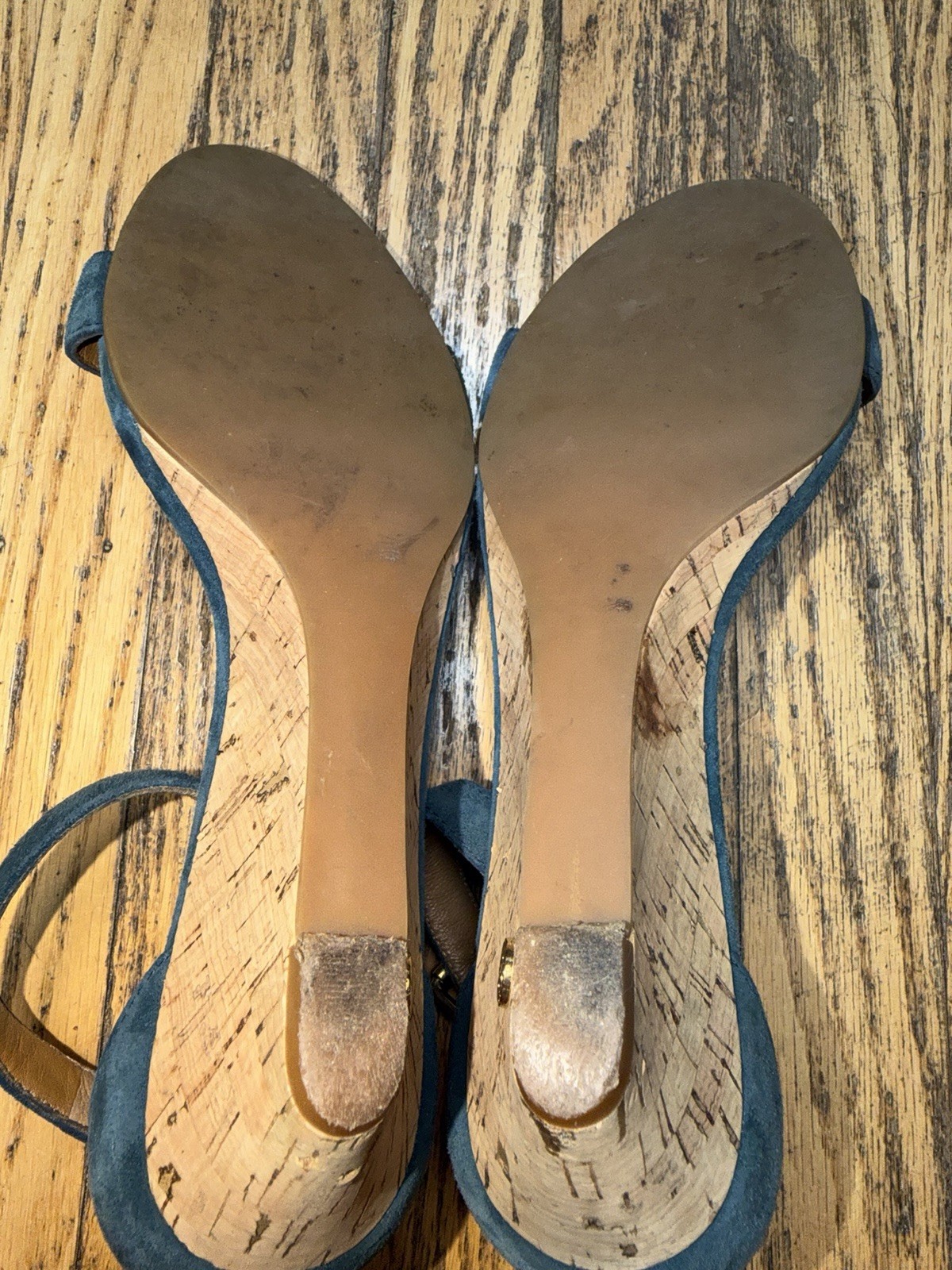 Tory Burch Blue Suede Ankle Buckle Strap Cork Wedge Sandals Sz Women’s 8.5M  thumbnail 10