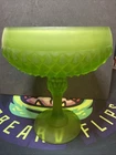 VTG INDIANA GLASS GREEN SATIN FROSTED DIAMOND PATERN PEDESTAL COMPOTE CANDY DISH