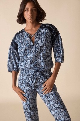St. Roche NWT Hyperion Top Navy Beechwood Print Women s Sz 2 Organic Cotton