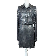 Cider Silver Sequin Metallic Button Up Long Sleeve Mini Dress Black Large