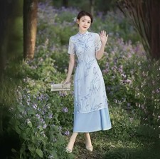SHIJT: Elegant Blue Floral Cheongsam Ao Dai Dress.