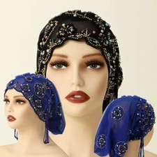 Women Beaded Headscarf Muslim Lace Caps Mesh Fabric Embroidered Hat Headwear