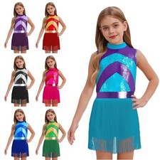 Kids Girls Dress Color Block Dancewear Stage Costume Bodysuit Sequins Jazz