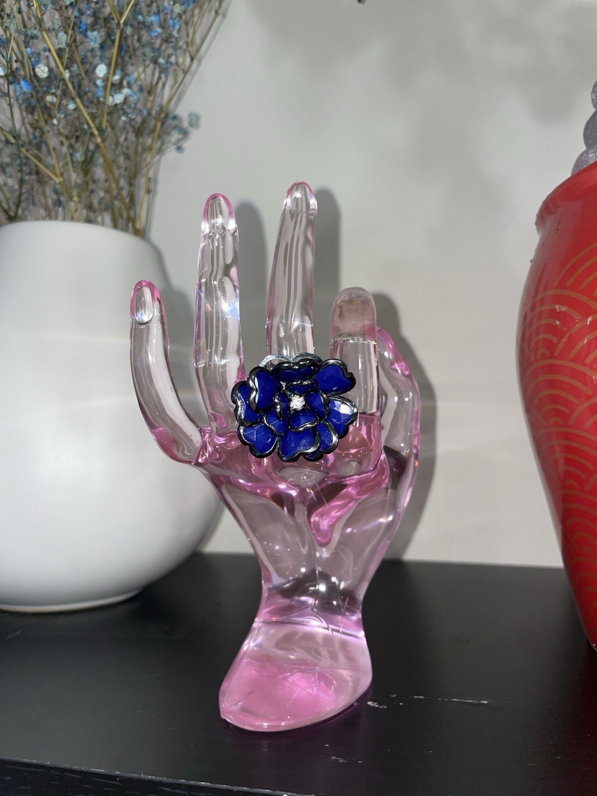 Blue Rhinestone Flower Statement Ring Size 5-6 - image 1