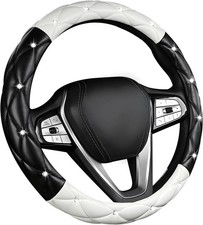 DXNQ Bling Crystal Steering Wheel Cover, 15 Inch Soft Leather Black White